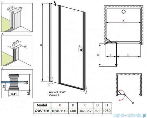 Radaway Eos II DWJ Drzwi prysznicowe 110x195 lewe szkło przejrzyste + brodzik Doros D + syfon 3799443-01L/SDRD1180-01