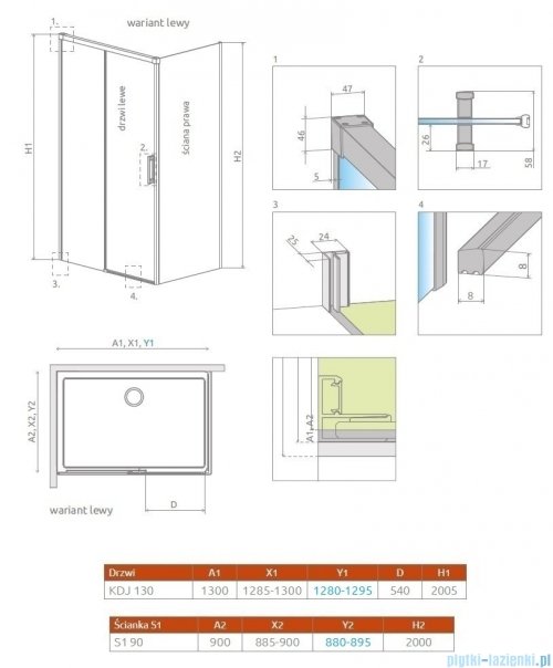 Radaway Idea Gold Kdj kabina 130x90cm lewa złoty połysk/szkło przejrzyste 387043-09-01L/387050-09-01R
