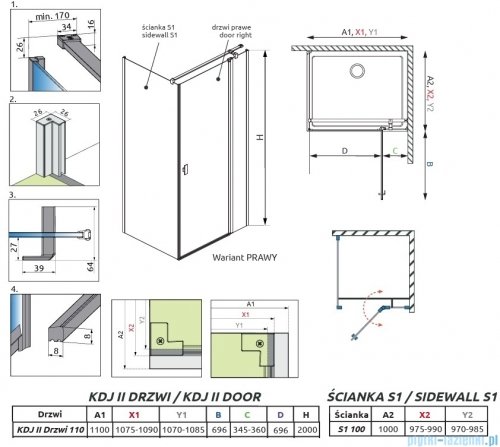 Radaway Nes 6 Kdj II Brushed Light Gold kabina 110x100cm prawa szczotkowane jasne złoto 10032110-98-01R/10039100-01-01