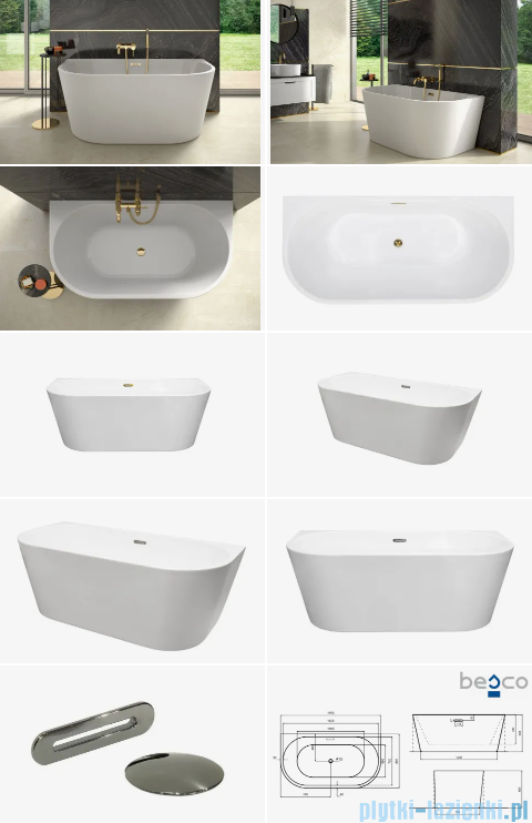 Besco Vica New wanna 160x80cm wolnostojąca przyścienna z przelewem szczelinowym slim syfon klik-klak grafit gun metal #WAS-160VNGR