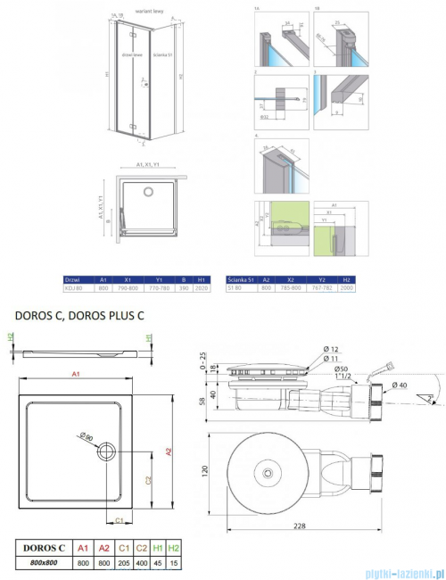 Radaway Essenza New KDJ-B kabina prysznicowa 80x80 lewa przejrzyste + brodzik Doros C + syfon 385081-01-01L/384051-01-01/SDRC8080-01