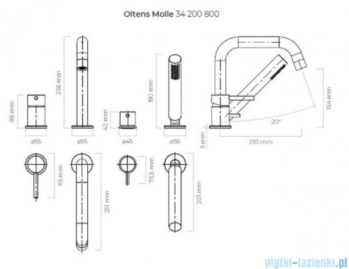 Oltens Molle bateria wannowa 4 otworowa złota 34200800