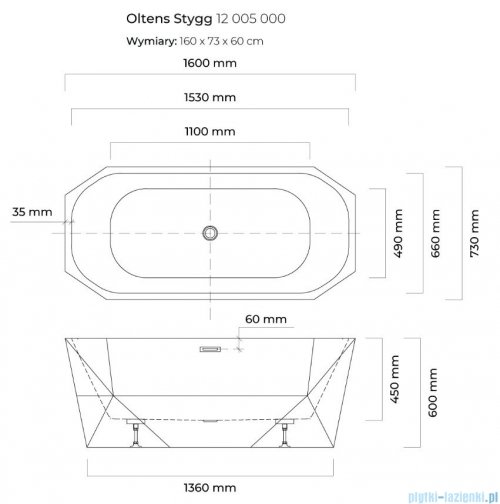 Oltens Stygg wanna wolnostojąca owalna 160x73cm 12005000