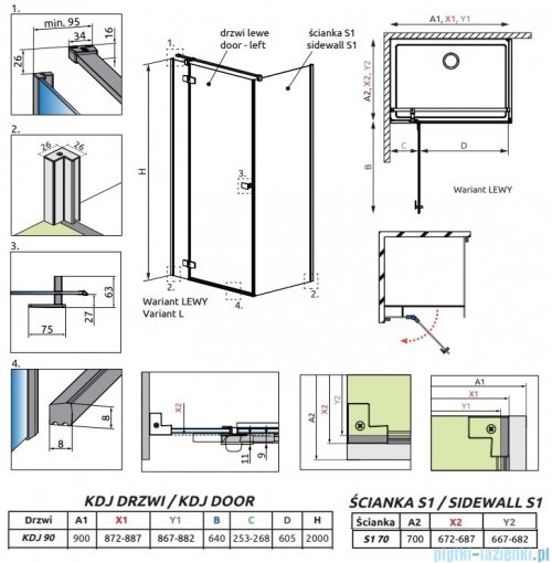 Radaway Fuenta Kdj kabina 90x70cm lewa chrom połysk szkło przejrzyste 1384044-01-01L/1384048-01-01