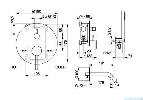 KFA MOZA ROSE GOLD podtynkowy zestaw wannowy z baterią 3 funkcyjną miedź szczotkowana 5039-401-34