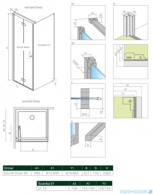 Radaway Nes Black KDJ B kabina 90x75 lewa przejrzyste 10025090-54-01L/10039075-01-01