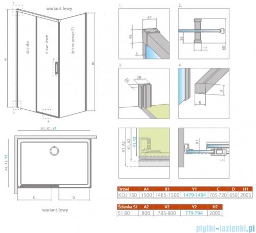 Radaway Idea 8 Kdj kabina 150x80cm lewa szkło przejrzyste 10340770-01-01L/10350703-01-01/10360080-01-01R