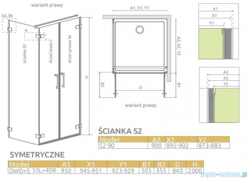 Radaway Arta Dwd+s kabina 95 (55L+40R) x90cm prawa szkło przejrzyste 386180-03-01R/386058-03-01L/386111-03-01