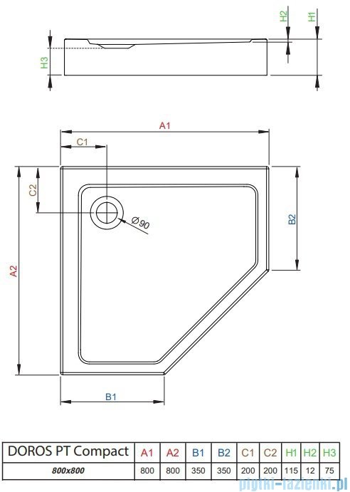 Radaway Doros PT Compact brodzik pięciokątny 80x80x11,5cm SDRPT8080-05