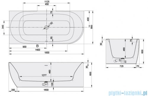 Sanplast Loft Line wanna asymetryczna lewa WAL(L)/LOFT 180x80 cm z napełnianiem przez przelew biała 632-500-1220-01-000