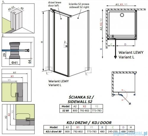 Radaway Eos II KDJ kabina prysznicowa 80x80 lewa szkło przejrzyste + brodzik Delos C + syfon 3799420-01L/3799430-01R/SDC0808-01