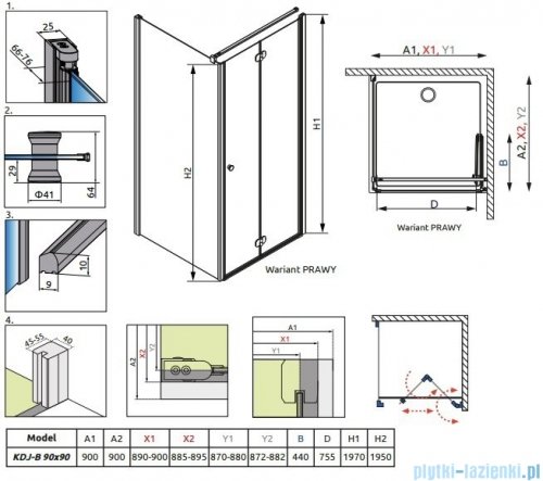 Radaway Eos KDJ-B kabina prysznicowa 90x90 prawa szkło przejrzyste + brodzik delos C + syfon 37403-01-01NR