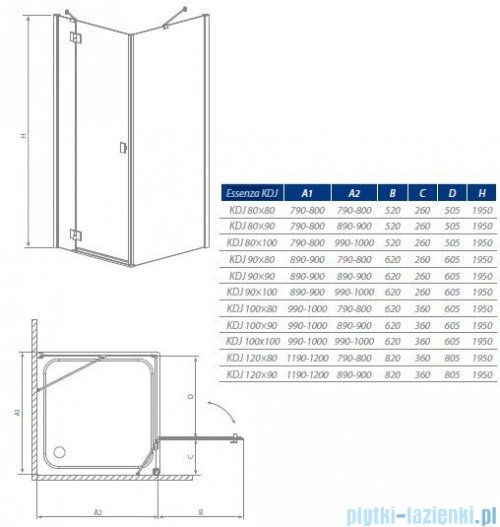 Radaway Kabina prysznicowa Essenza KDJ 90x80 prawa szkło przejrzyste + brodzik Doros D + syfon 32847-01-01NR