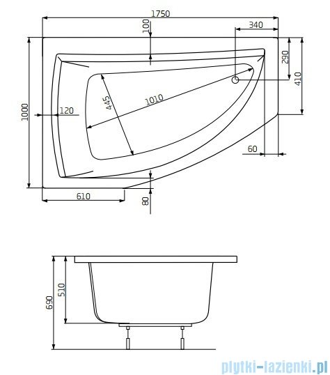 Roca Aquamarina wanna 175x100cm lewa z hydromasażem Smart WaterAir Plus rysunek techniczny