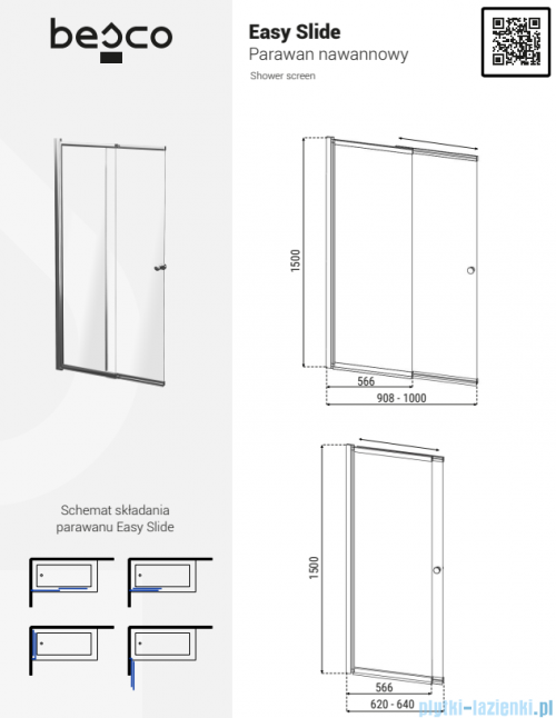Besco Easy Slide Gun Metal Grafit szczotkowany parawan nawannowy przesuwny 100x150cm PESGM-2S