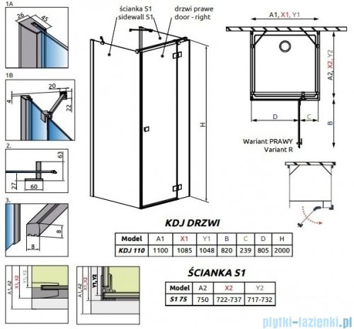 Radaway Essenza New Kdj+S kabina 75x110x75cm prawa szkło przejrzyste 385023-01-01R/384049-01-01/384049-01-01