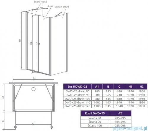 Radaway Eos II DWD+2S Drzwi prysznicowe 120x197 szkło przejrzyste 3799404-01