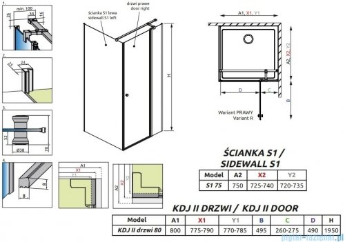 Radaway Eos KDJ II kabina prysznicowa 80x75 prawa przejrzyste 13799420-01R/13799409-01