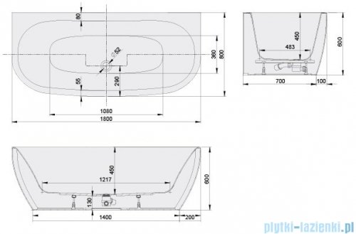 Sanplast Luxo WSPse/LUXO wanna wolnostojąca przyścienna z napełnieniem przez przelew 180x80 cm + stelaż 632-370-1280-01-000