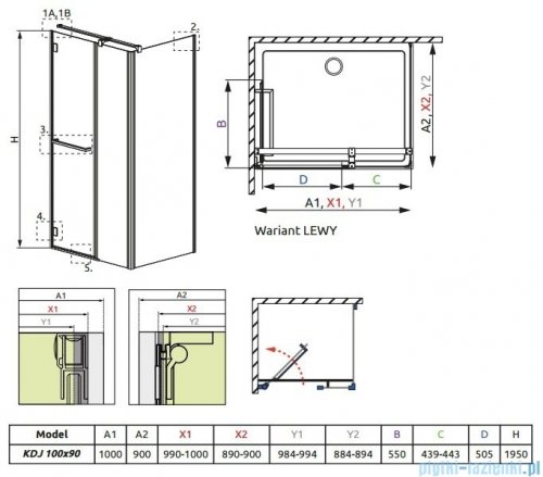 Radaway Carena Kdj Kabina prostokątna 100x90 lewa szkło przejrzyste + brodzik Argos + syfon 34444-01-01NL