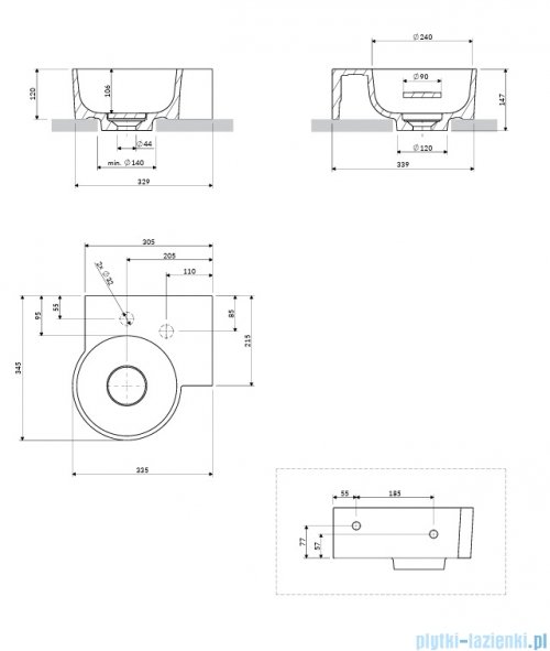 Omnires Ovo M+ umywalka nablatowa/wisząca prawa 33x34 cm ash grey mat OVO335UWPAG