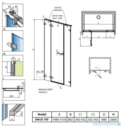 Radaway Arta Dwjs drzwi wnękowe 150cm lewe szkło przejrzyste 386457-03-01L+1386122-03-01L
