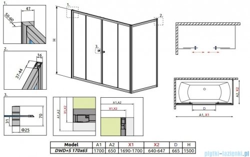 Radaway Vesta DWD+S Parawan nawannowy 170x65cm szkło przejrzyste 203170-01/204065-01