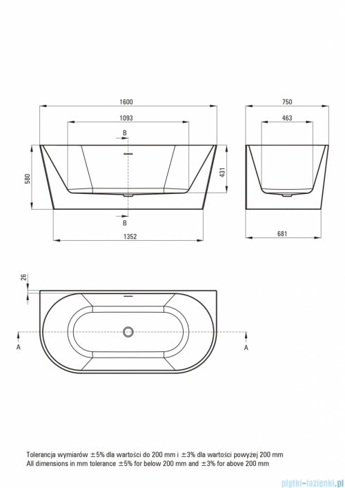 Deante SILIA Wanna akrylowa przyścienna wolnostojąca 160x75 cm KDS_016W