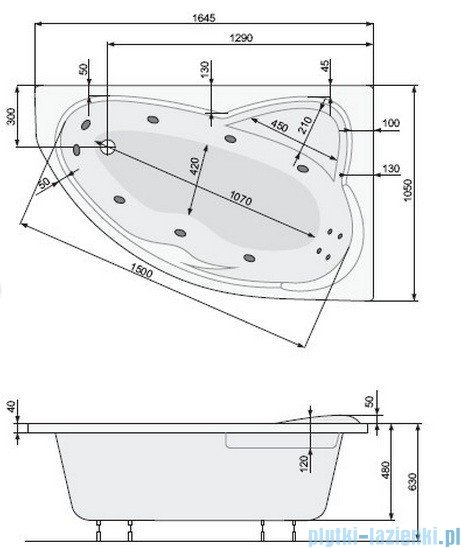 Poolspa Wanna asymetryczna EUROPA 165x105 prawa + hydromasaż Smart 2 PHA4610ST2C0000