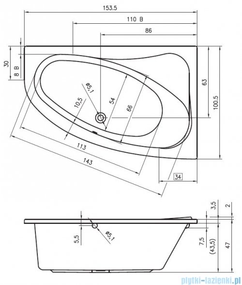 Riho Lyra/Aryl wanna asymetryczna 153,5x100,5cm z hydromasażem Air lewa B022009005