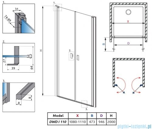 Radaway Nes Brushed Nickel DWD I drzwi wnękowe 110cm szczotkowany nikiel szkło przejrzyste 10027110-91-01