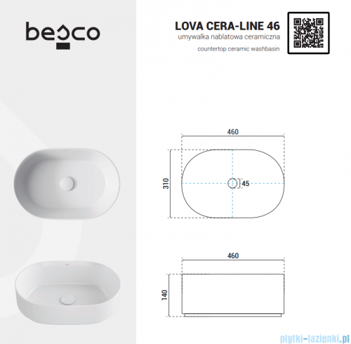 Besco Lova Cera-Line 46 Gun Metal Matt umywalka nablatowa Grafit Matt 46x31x13,5cm UNCM-46-LOGM