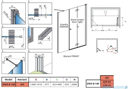 Radaway Nes Brushed Copper DWSB drzwi wnękowe 140cm W3 prawe szczotkowana miedź szkło przejrzyste 10044950-93-01R/10045450-01-01