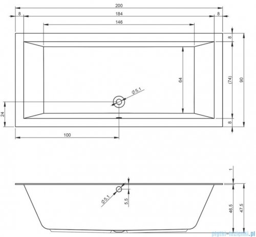 Riho Lugo 200x90cm wanna prostokątna z hydromasażem Pneumatic S2 lewa + nogi + syfon BT06-PNES2-L