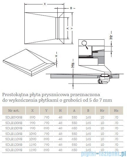 Radaway prostokątny brodzik podpłytkowy z odpływem liniowym Basic na krótszym boku 109x89cm 5DLB1109B,5R065B,5SL1
