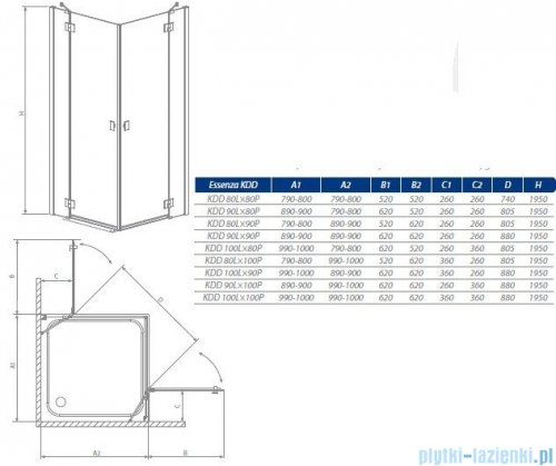 Radaway Essenza KDD kabina 90x90 szkło przejrzyste + Brodzik Delos C + Syfon