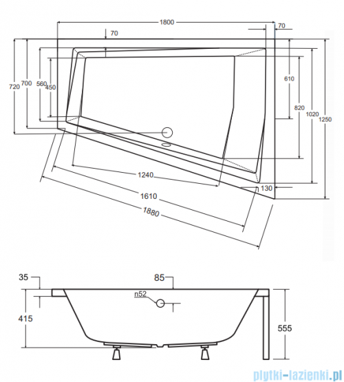 Besco Intima Duo 180x125cm wanna asymetryczna lewa + obudowa + czarny syfon #WAID-180-NL/#OAP-180-INT/19977