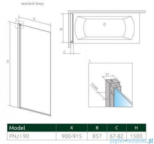 Radaway Nes Black Pnj Frame parawan nawannowy 90cm lewy czarny mat/szkło przejrzyste 10011090-54-56L