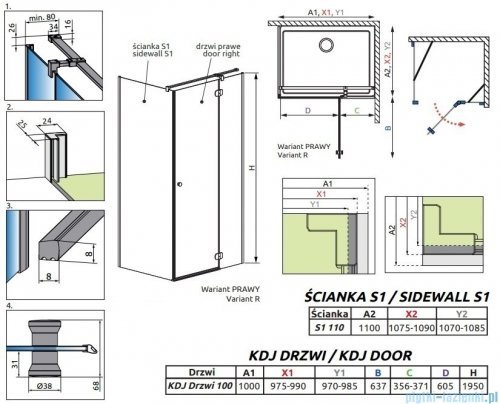 Radaway Torrenta KDJ kabina prysznicowa 100x110 prawa przejrzyste wspornik krzyżowy 133210-01-01R/1330110-01-01