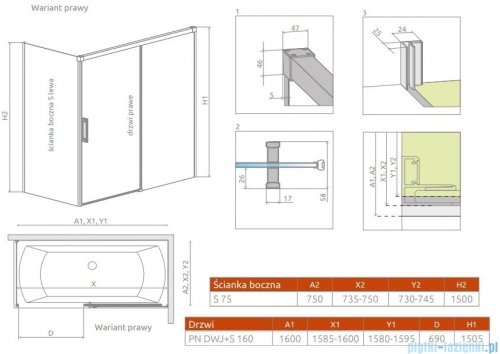Radaway Idea Pn Dwj+S parawan nawannowy 160x75cm prawy przejrzyste 10042160-01-01R/10005075-01-01L