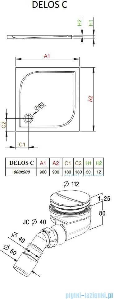 Radaway Torrenta Kdj kabina kwadratowa 90x90 prawa szkło przejrzyste + Brodzik Delos C + Syfon 32202-01-01NR