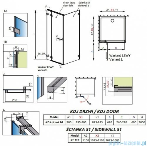 Radaway Euphoria KDJ Kabina prysznicowa 90x110 lewa szkło przejrzyste 383612-01L/383241-01L/383053-01