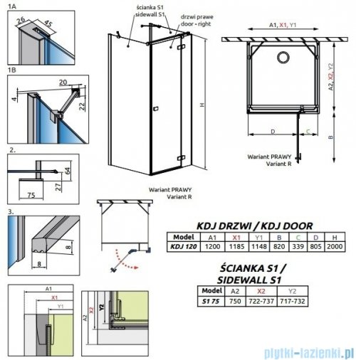 Radaway Fuenta New Kdj+S kabina 75x120x75cm prawa szkło przejrzyste 384024-01-01R/384049-01-01/384049-01-01