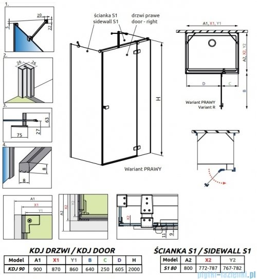 Radaway Fuenta Kdj+S kabina 80x90x80cm prawa chrom połysk szkło przejrzyste 1384051-01-01/1384020-01-01R/1384051-01-01