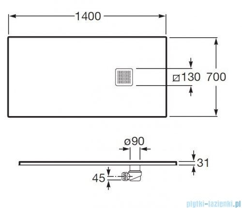 Roca Terran 140x70cm brodzik prostokątny konglomeratowy biały AP1015782BC01100