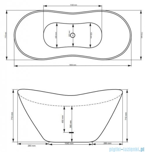 Besco Viya Glam grafit 160x70cm wanna wolnostojąca + odpływ klik-klak #WMD-160-VG