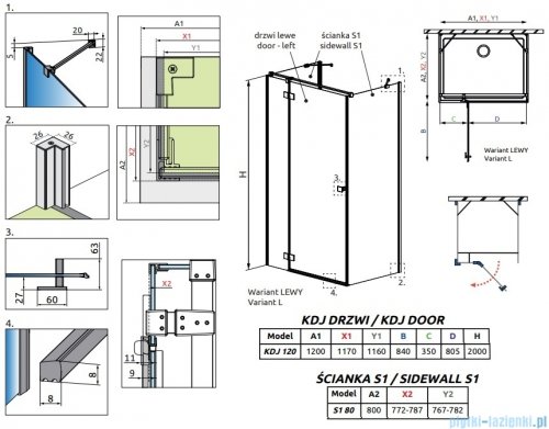 Radaway Essenza Brushed Gold Kdj+S kabina 80x120x80cm lewa szczotkowane złoto 1384051-01-01/1385024-99-01L/1384051-01-01