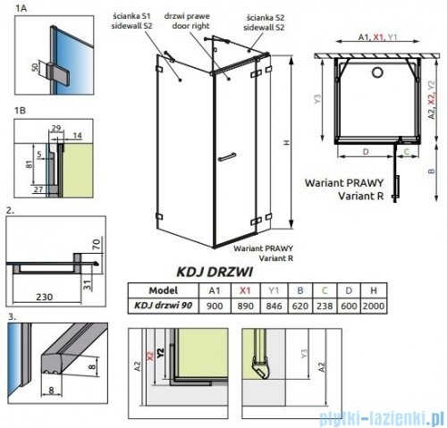 Radaway Euphoria KDJ+S Drzwi prysznicowe 90 prawe szkło przejrzyste 383612-01R/383221-01R