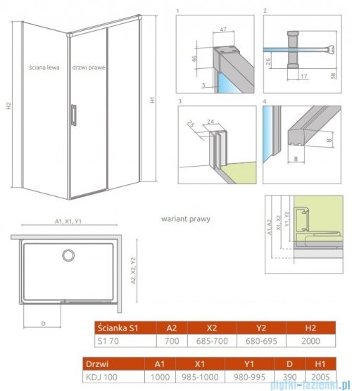 Radaway Idea Kdj Brushed Copper kabina 100x70cm prawa szczotkowana miedź 387040-93-01R/387048-93-01L