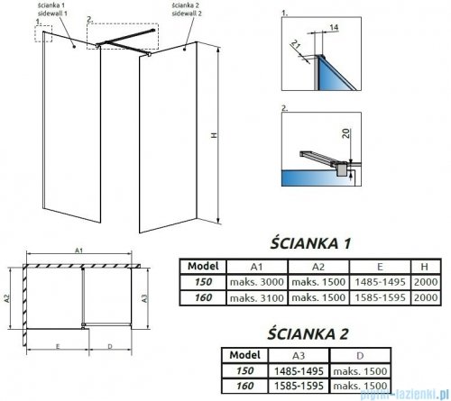 Radaway Modo New III kabina Walk-in 160x150x200 szkło przejrzyste 389164-01-01/389154-01-01/389000-01